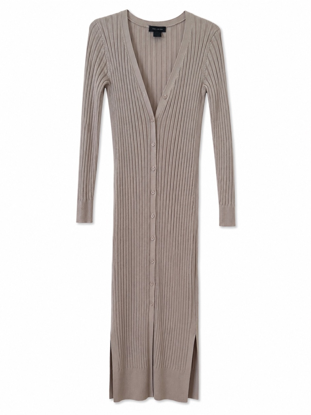 Club Monaco Ribbed Long-Sleeve Button-Front Maxi Dress in Light Beige